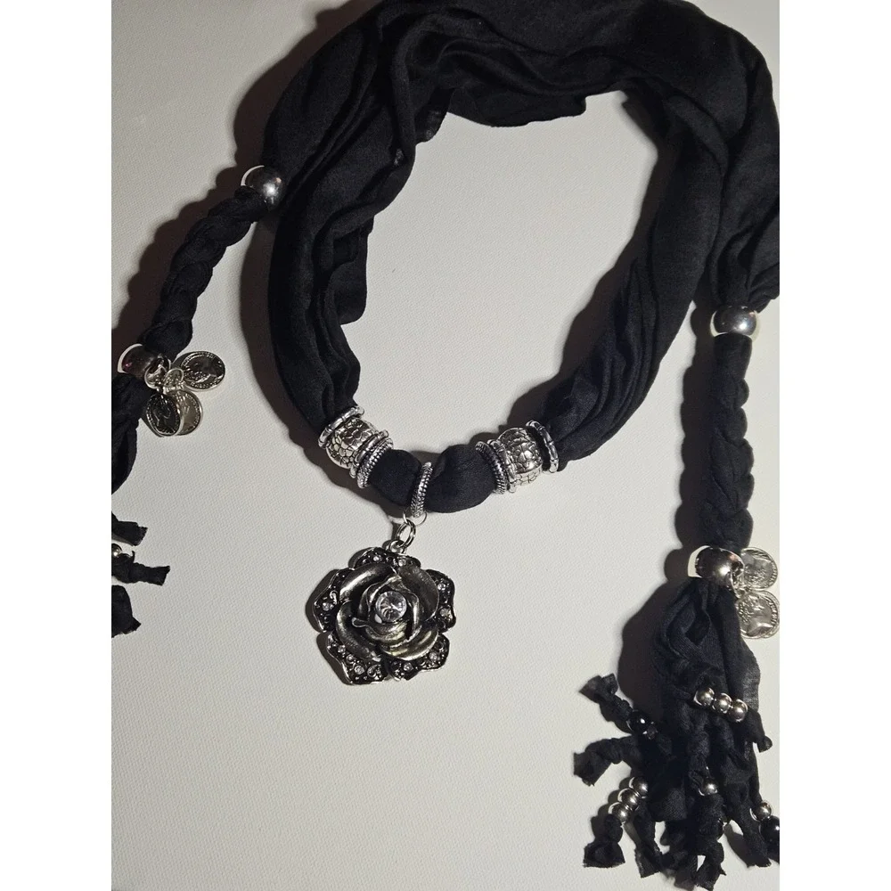 Women's Black Scarf Necklace Silver Tone Rose Pendant Coin Charms Boho Tassel